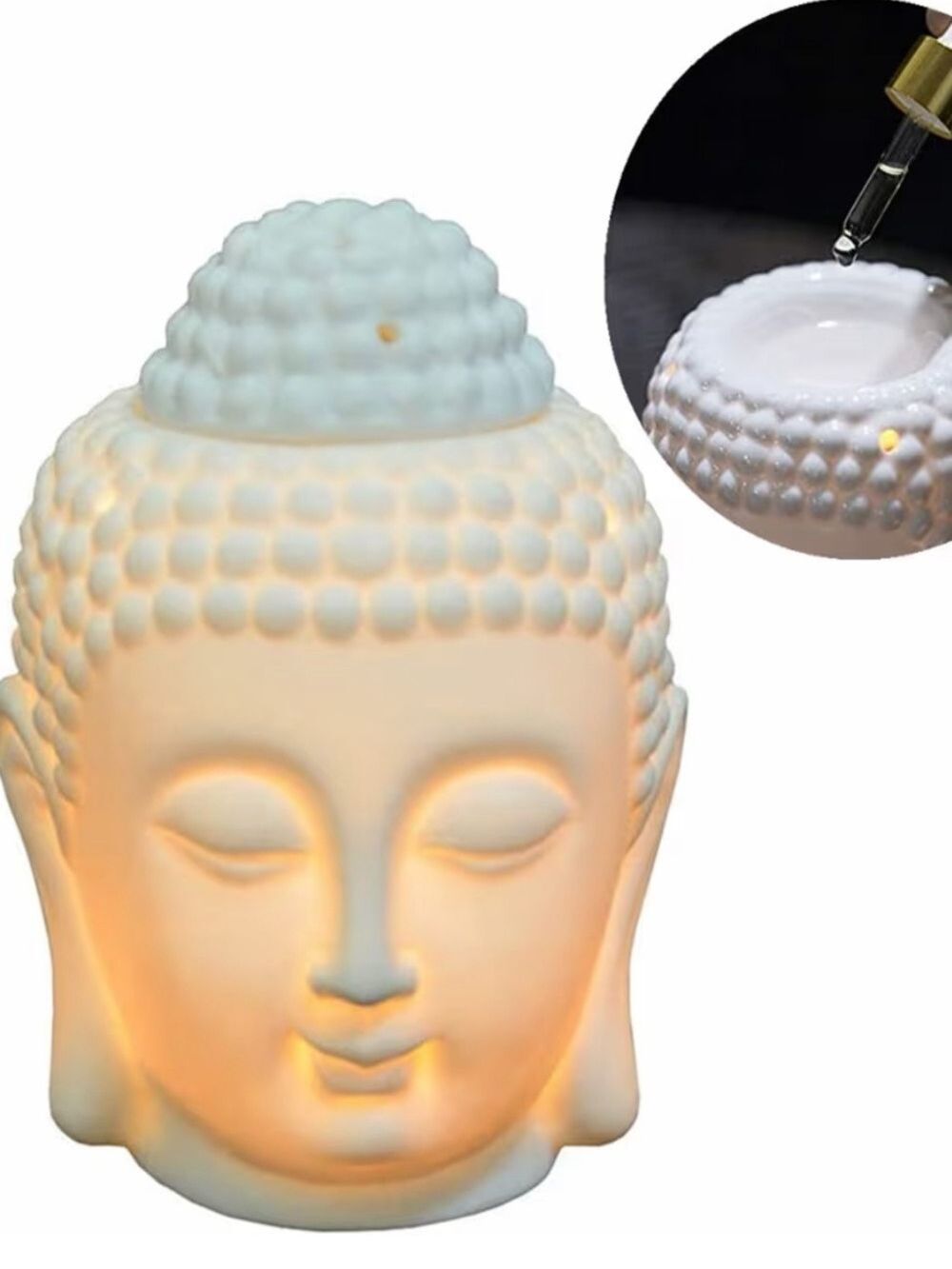 Ceramic Buddha Head Essential Oil Burner with Candle Spoon
